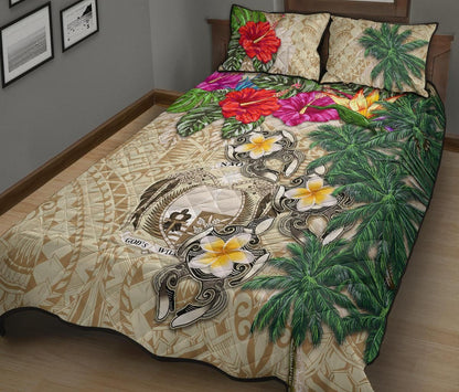 Nauru Polynesian Quilt Bed Set - Hibiscus Turtle Tattoo Beige