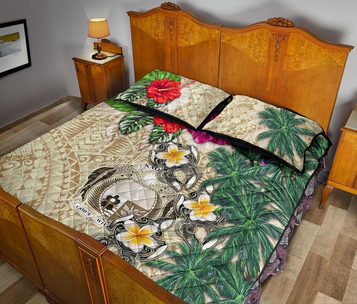 Nauru Polynesian Quilt Bed Set - Hibiscus Turtle Tattoo Beige