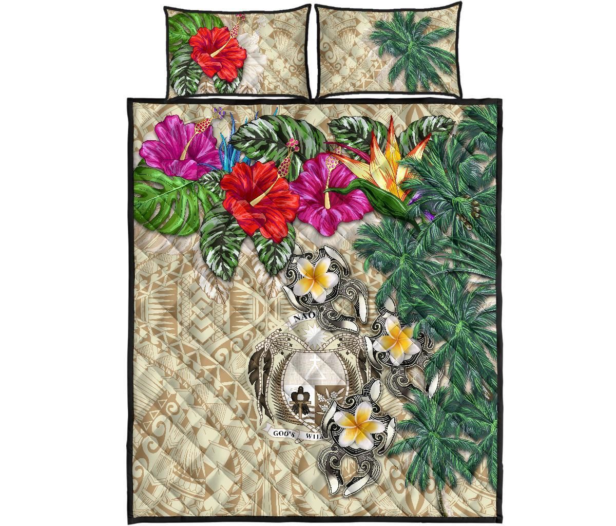 Nauru Polynesian Quilt Bed Set - Hibiscus Turtle Tattoo Beige