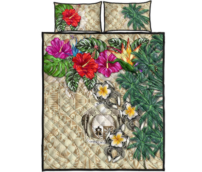 Nauru Polynesian Quilt Bed Set - Hibiscus Turtle Tattoo Beige