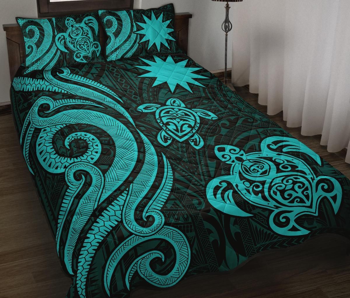 Nauru Quilt Bed Set - Turquoise Tentacle Turtle