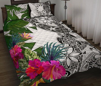 Nauru Quilt Bed Set White - Turtle Plumeria Banana Leaf