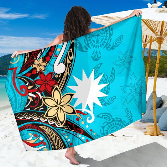 Nauru Sarong - Tribal Flower With Special Turtles Blue Color