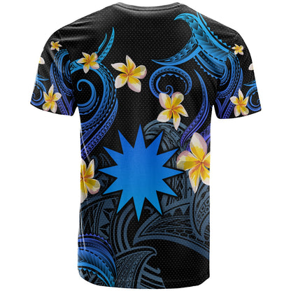 Nauru T-shirt - Custom Personalised Polynesian Waves with Plumeria Flowers (Blue)