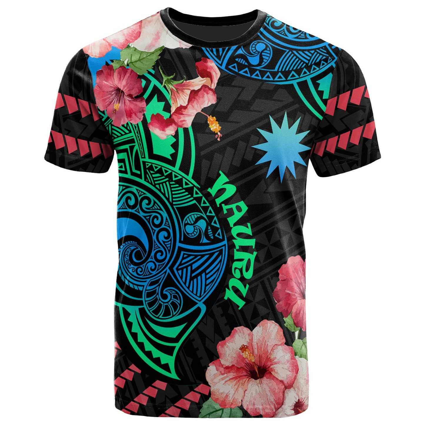 Nauru T-Shirt - Polynesian Pride with Hibicus Flower Tribal Pattern