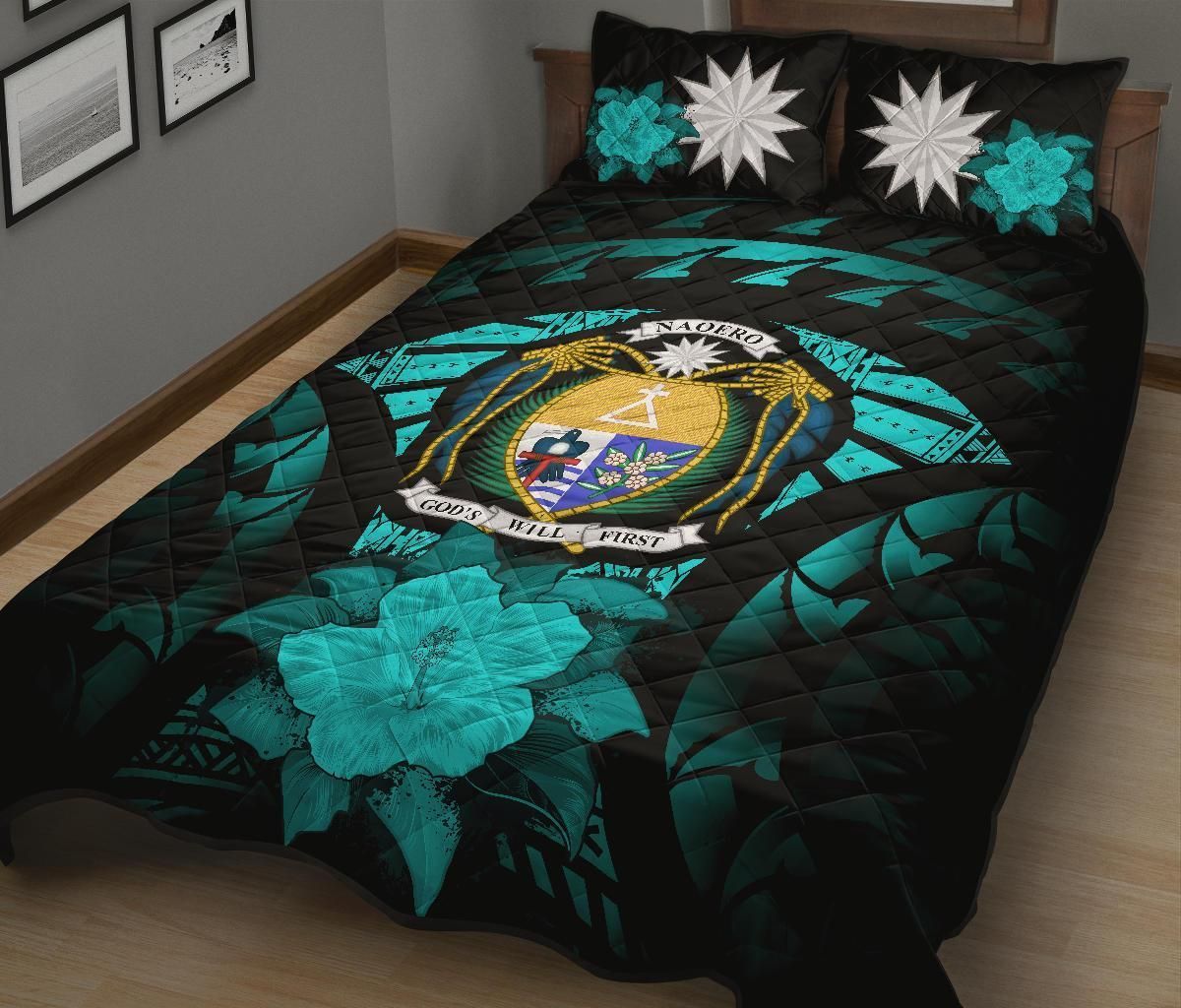 Nauru Polynesian Quilt Bed Set Hibiscus Turquoise
