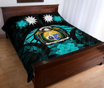 Nauru Polynesian Quilt Bed Set Hibiscus Turquoise