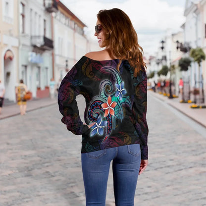 Nauru Women Off Shoulder Sweater - Plumeria Flowers Style