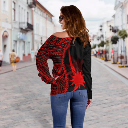 Nauru Women Off Shoulder Sweater - Red Polynesian Tentacle Tribal Pattern