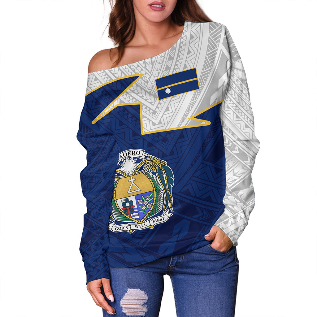 Nauru Off Shoulder Sweatshirt Polynesian Tattoo Flag And Coat Of Arms