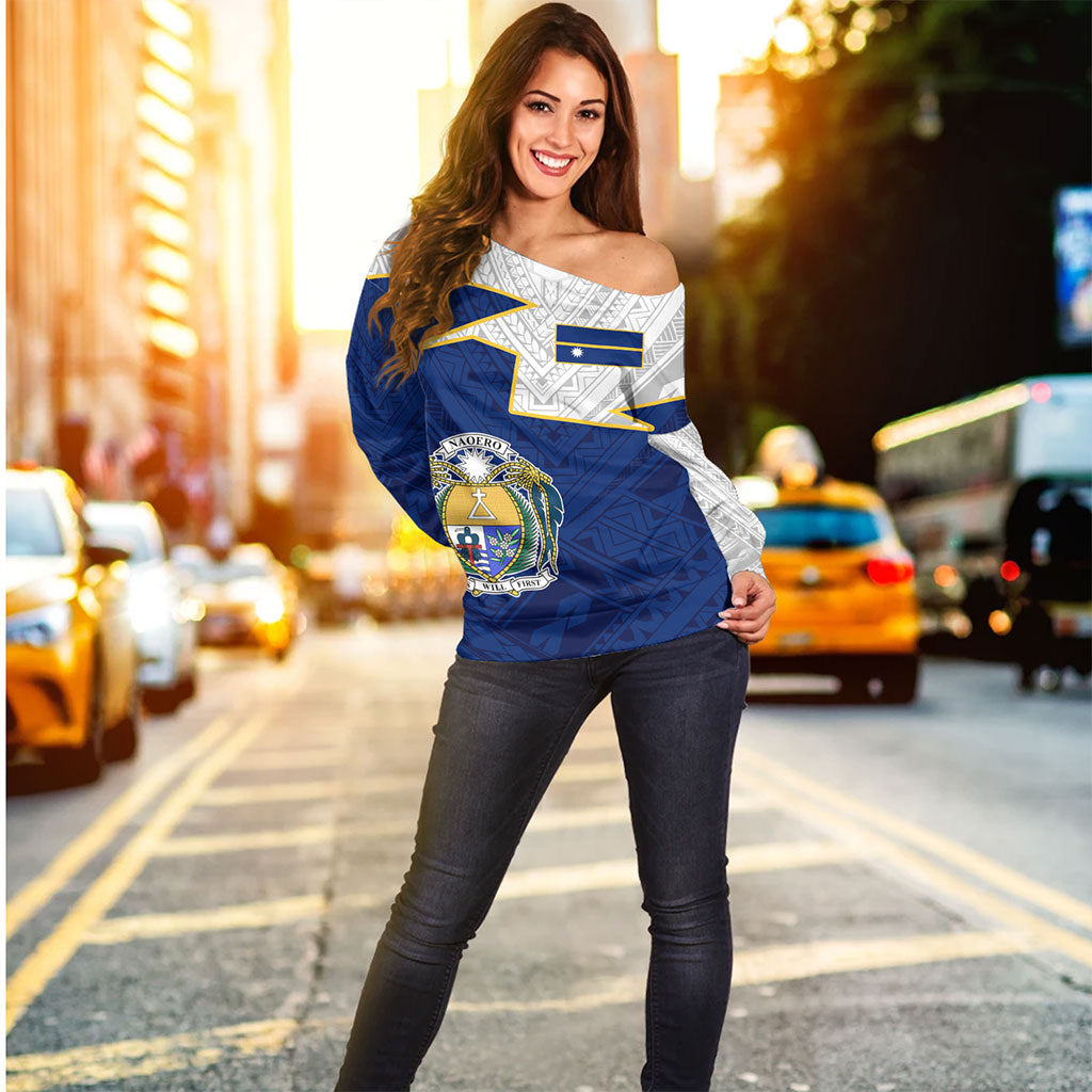 Nauru Off Shoulder Sweatshirt Polynesian Tattoo Flag And Coat Of Arms