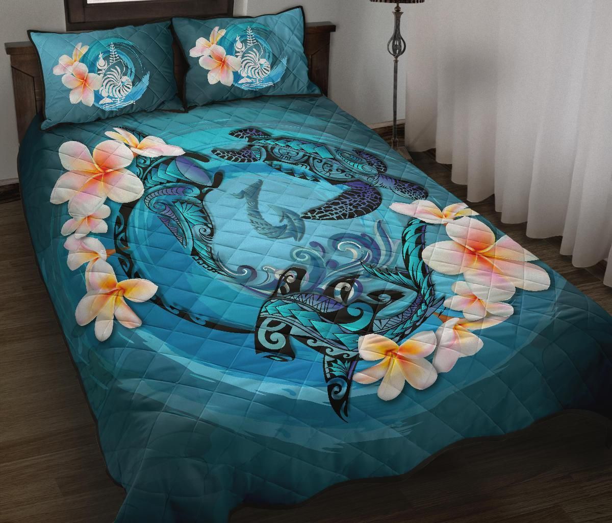 New Caledonia Polynesian Quilt Bed Set - Blue Plumeria Animal Tattoo