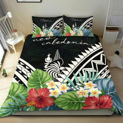 New Caledonia Bedding Set - New Caledonia Coat Of Arms & Polynesian Tropical Flowers White