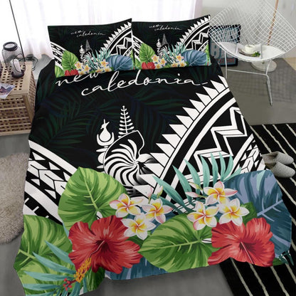 New Caledonia Bedding Set - New Caledonia Coat Of Arms & Polynesian Tropical Flowers White