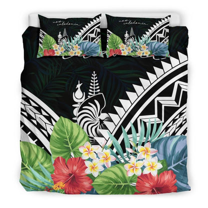 New Caledonia Bedding Set - New Caledonia Coat Of Arms & Polynesian Tropical Flowers White