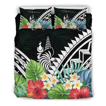 New Caledonia Bedding Set - New Caledonia Coat Of Arms & Polynesian Tropical Flowers White