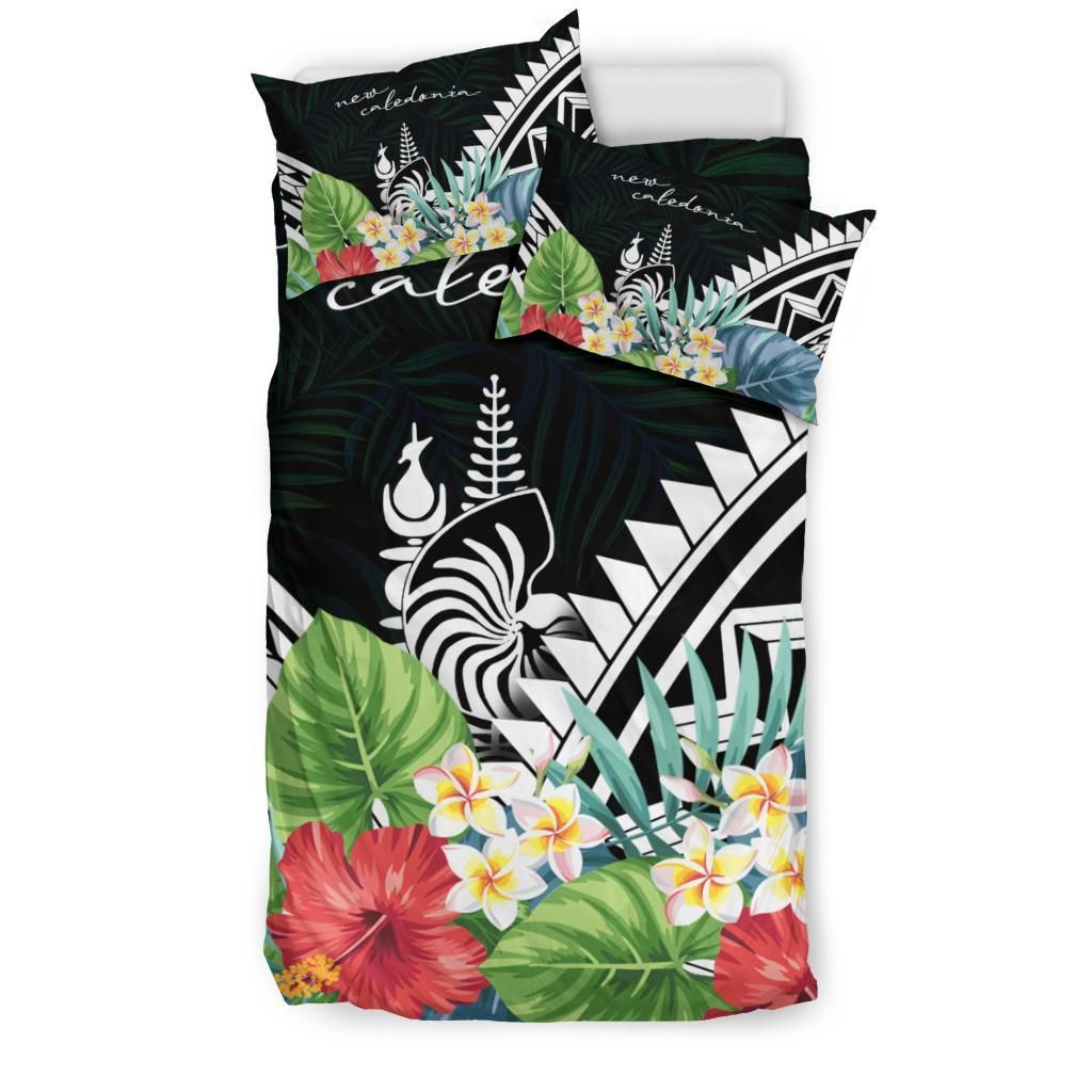 New Caledonia Bedding Set - New Caledonia Coat Of Arms & Polynesian Tropical Flowers White