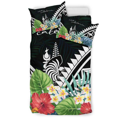 New Caledonia Bedding Set - New Caledonia Coat Of Arms & Polynesian Tropical Flowers White