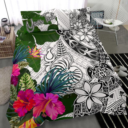 New Caledonia Custom Personalised Bedding Set White - Turle Plumeria Banana Leaf Crest