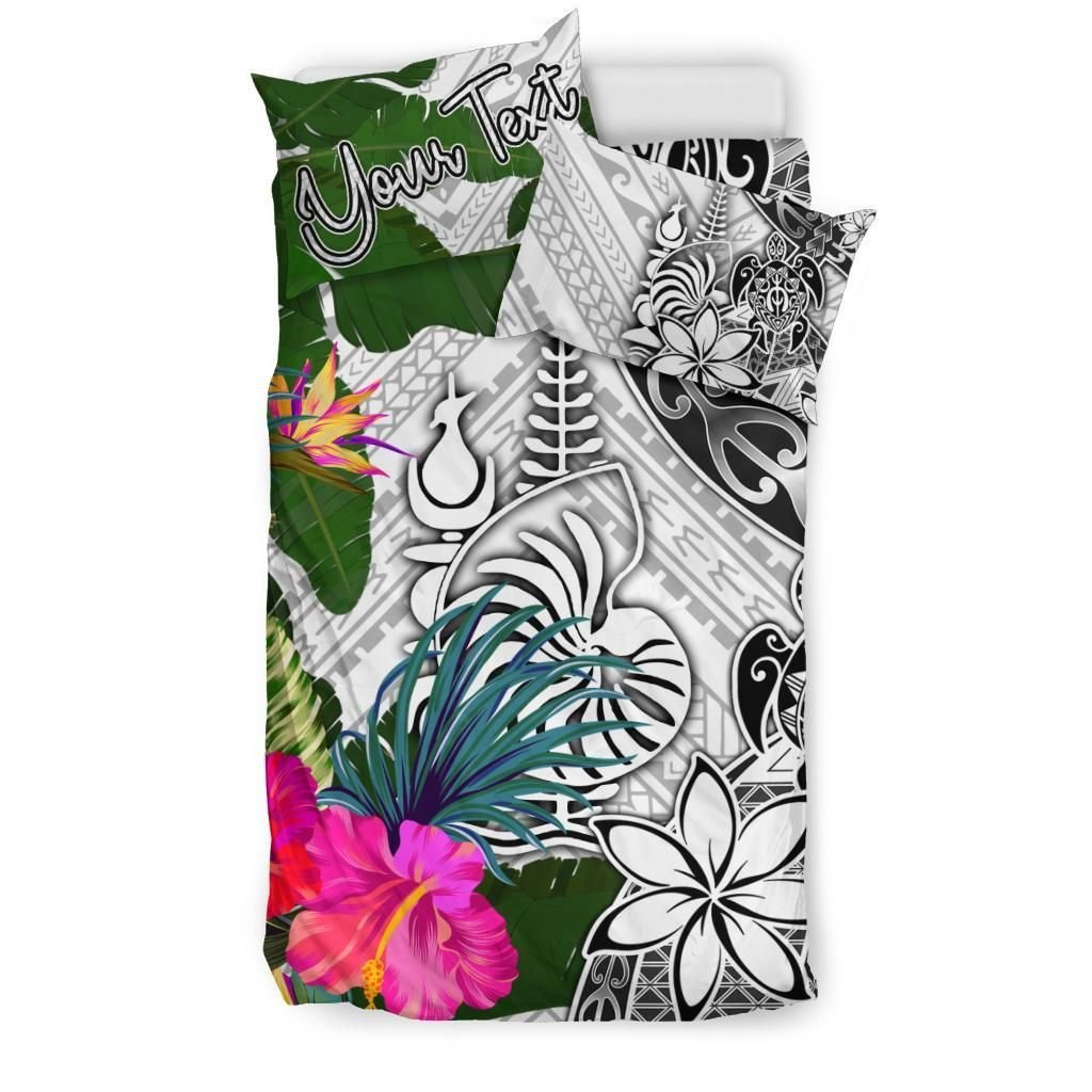 New Caledonia Custom Personalised Bedding Set White - Turle Plumeria Banana Leaf Crest