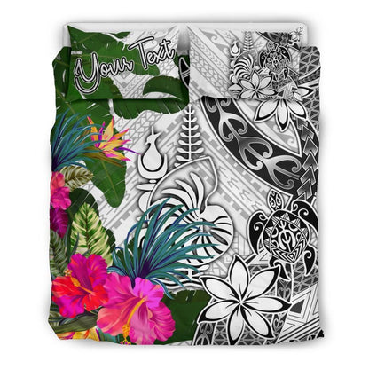 New Caledonia Custom Personalised Bedding Set White - Turle Plumeria Banana Leaf Crest