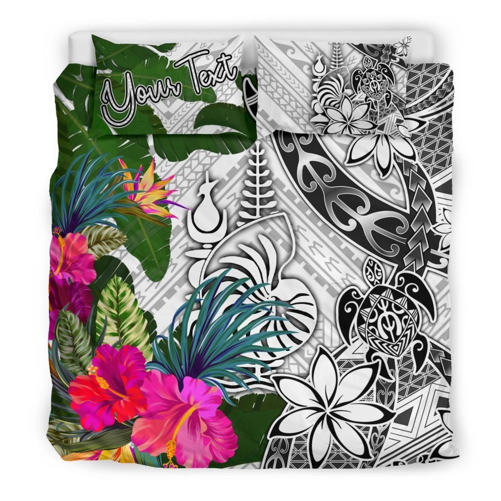 New Caledonia Custom Personalised Bedding Set White - Turle Plumeria Banana Leaf Crest