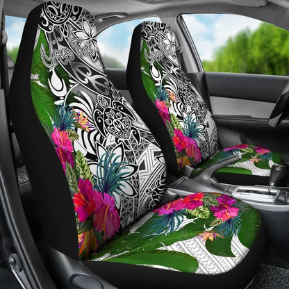 New Caledonia Custom Personalised Car Seat Covers White - Turtle Plumeria Banana Leaf Crest