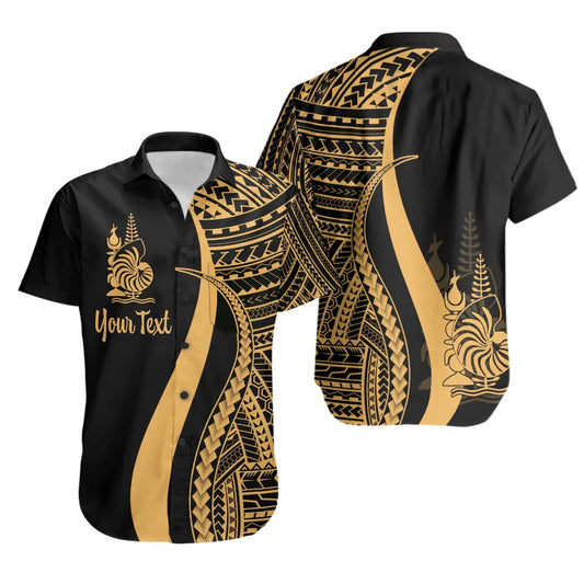 New Caledonia Custom Personalised Short Sleeve Shirt - Gold Polynesian Tentacle Tribal Pattern Crest