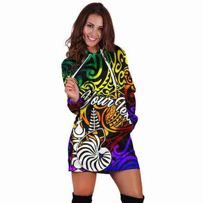 New Caledonia Custom Personalised Hoodie Dress - Rainbow Polynesian Pattern