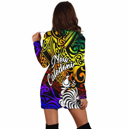 New Caledonia Custom Personalised Hoodie Dress - Rainbow Polynesian Pattern
