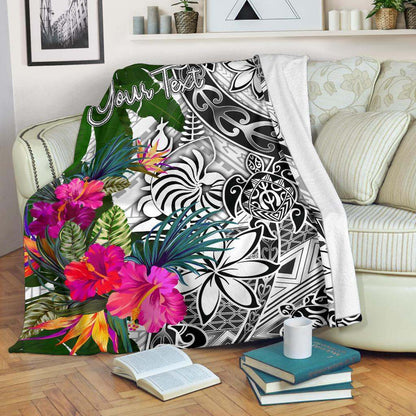 New Caledonia Custom Personalised Premium Blanket White - Turtle Plumeria Banana Leaf Crest
