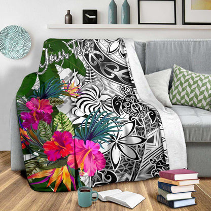 New Caledonia Custom Personalised Premium Blanket White - Turtle Plumeria Banana Leaf Crest