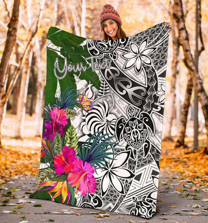 New Caledonia Custom Personalised Premium Blanket White - Turtle Plumeria Banana Leaf Crest