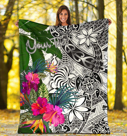 New Caledonia Custom Personalised Premium Blanket White - Turtle Plumeria Banana Leaf Crest
