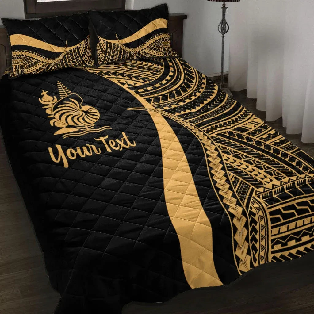 New Caledonia Custom Personalised Quilt Bed Set - Gold Polynesian Tentacle Tribal Pattern
