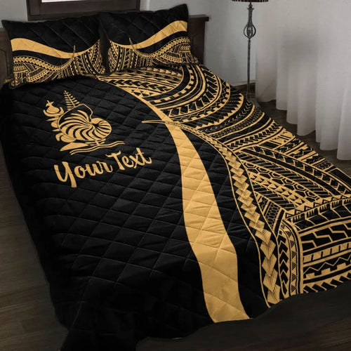 New Caledonia Custom Personalised Quilt Bed Set - Gold Polynesian Tentacle Tribal Pattern
