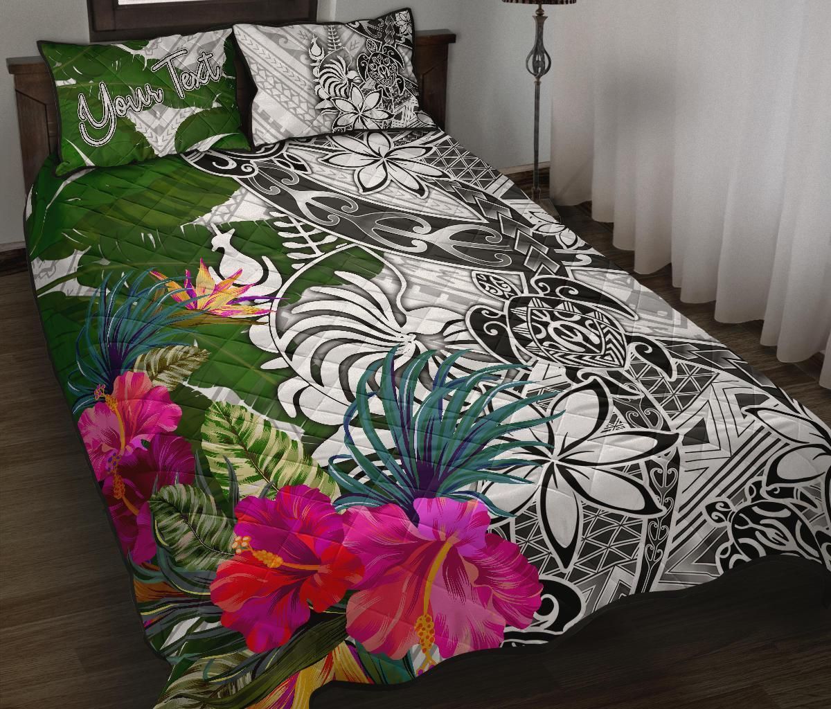 New Caledonia Custom Personalised Quilt Bed Set White - Turtle Plumeria Banana Leaf Crest