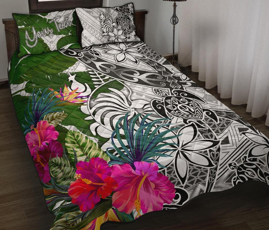 New Caledonia Custom Personalised Quilt Bed Set White - Turtle Plumeria Banana Leaf Crest
