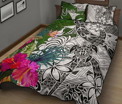 New Caledonia Custom Personalised Quilt Bed Set White - Turtle Plumeria Banana Leaf Crest