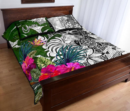 New Caledonia Custom Personalised Quilt Bed Set White - Turtle Plumeria Banana Leaf Crest