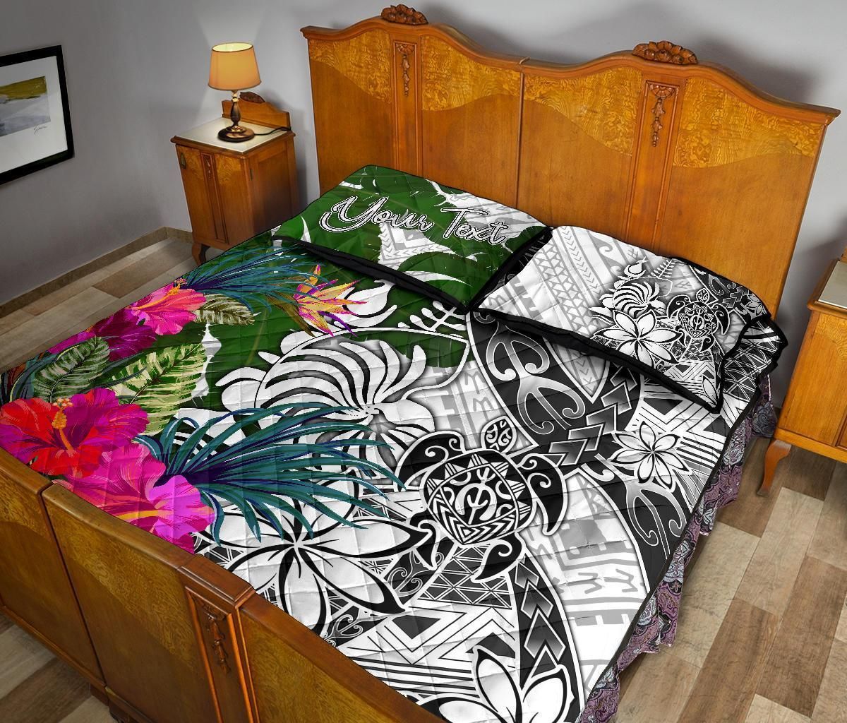 New Caledonia Custom Personalised Quilt Bed Set White - Turtle Plumeria Banana Leaf Crest