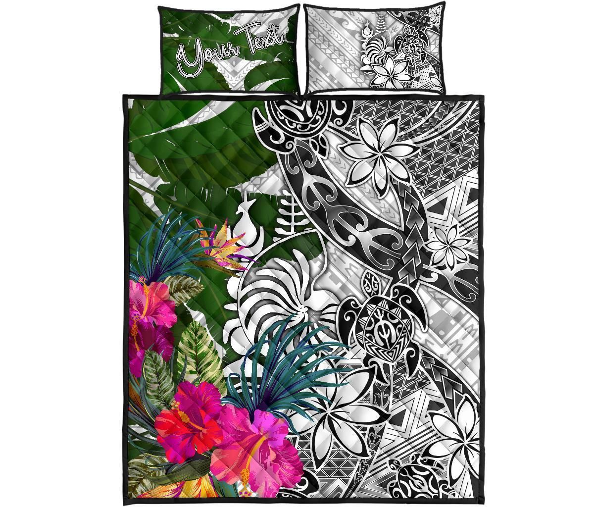 New Caledonia Custom Personalised Quilt Bed Set White - Turtle Plumeria Banana Leaf Crest