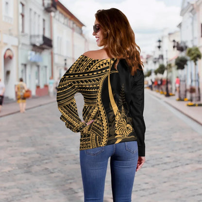 New Caledonia Custom Personalised Women Off Shoulder Sweater - Gold Polynesian Tentacle Tribal Pattern