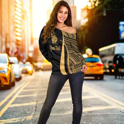 New Caledonia Custom Personalised Women Off Shoulder Sweater - Gold Polynesian Tentacle Tribal Pattern