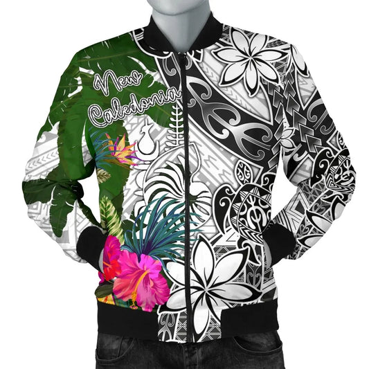 New Caledonia Bomber Jacket White - Turtle Plumeria Banana Leaf Crest