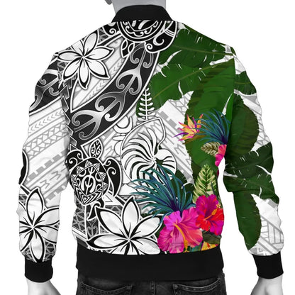 New Caledonia Bomber Jacket White - Turtle Plumeria Banana Leaf Crest