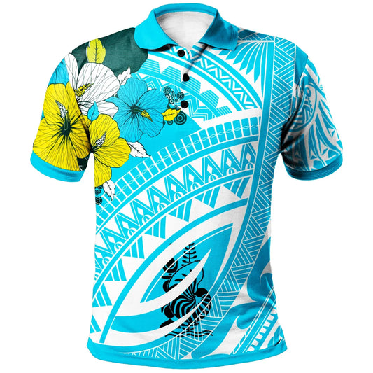 New Caledonia Polo Shirt  - Polynesian Pattern Aquamarine Stone Color