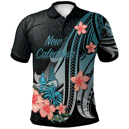 New Caledonia Polo Shirt - Turquoise Polynesian Hibiscus Pattern Style