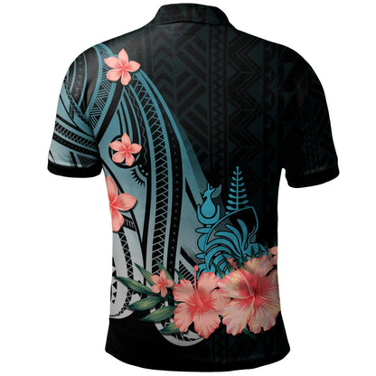 New Caledonia Polo Shirt - Turquoise Polynesian Hibiscus Pattern Style