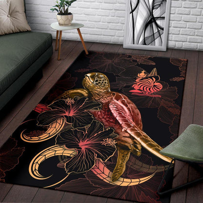 New Caledonia Polynesian Area Rugs - Turtle With Blooming Hibiscus Gold